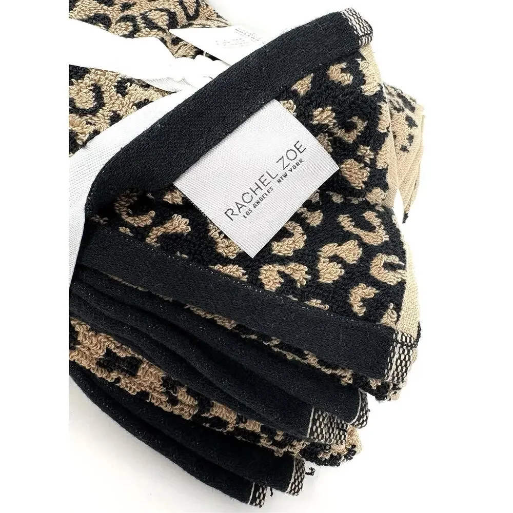 Rachel Zoe Animal Leopard Print Hand Towels Black Brown NWT Set 2 Pcs